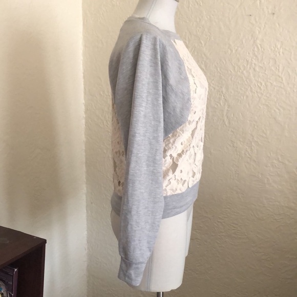 Urban Outfitters Cream Floral Lace Light Gray Fleece Sweatshirt - Picture 6 of 8